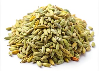 Obraz premium A close up view of a pile of dried green fennel seeds on a white background