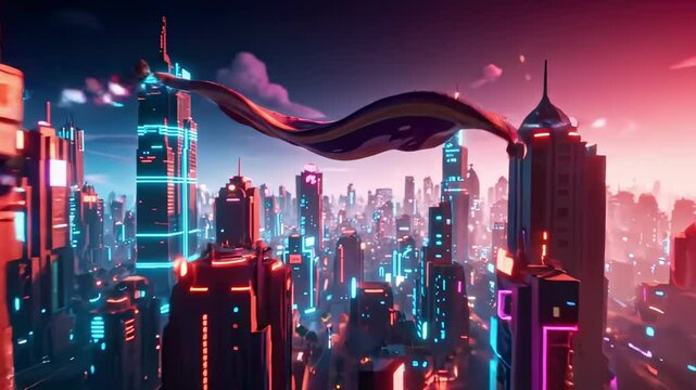 animated carpet - Futuristic cityscape at dusk with vibrant neon lights, showcasing a dynamic flying figure in a colorful cloak above towering skyscrapers