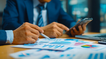 Business professionals analyzing financial charts and data at a conference room table