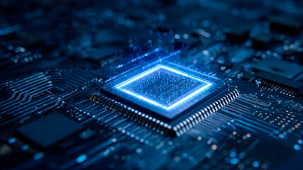 Close-up of a glowing blue microprocessor chip on a circuit board with digital data streams