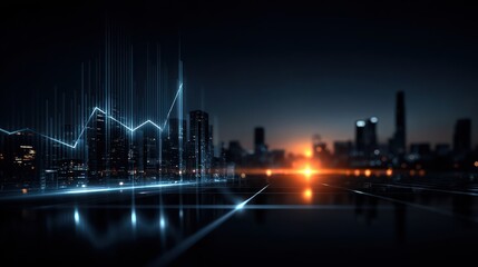 Futuristic cityscape at night with overlaid data visualizations