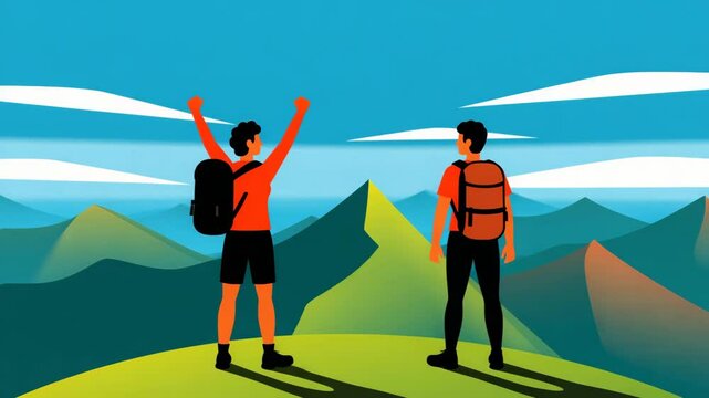 Hikers Celebrating Mountaintop Achievement: Vector Illustration