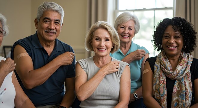 Diverse group of vaccinated seniors smiling showcasing bandages after vaccination
