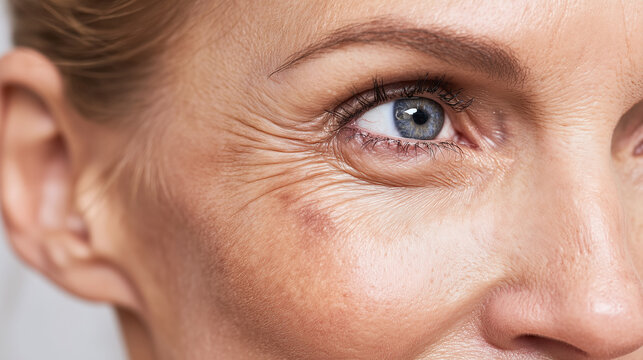 Closeup of mature woman face showing wrinkles and skin texture with blue eye and natural light highlighting skin details and expression