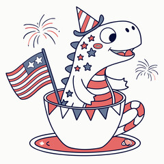 An adorable Dinosaur with a Cheerful vibe, sitting in a teacup ride, and a Patriotic Spark Independence Day (4th of July) theme – SVG style
