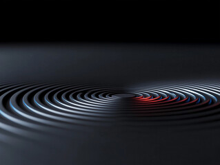 Abstract representation of sound waves in a dark setting with blue and red accents