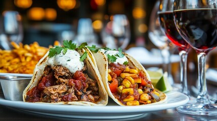Two flavorful tacos, one with pulled pork and the other with corn and vegetables, sit on a white plate amidst appetizers and wine glasses
