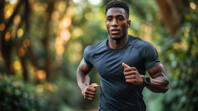 a focused african american male athlete jogging through a lush green forest path with determination and athletic prowess showcasing health and fitness for a vibrant active lifestyle - Powered by Adobe