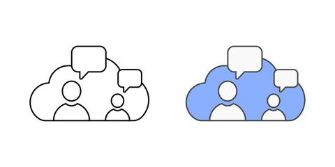 Team collaboration hub icon with user avatars, chat bubbles, and cloud, in outline and color styles, ideal for illustrating real-time communication and teamwork in cloud-based platforms.