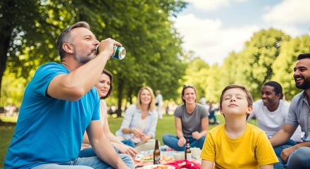 夏の公園でピクニックを楽しむ家族と友人たち