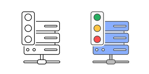 SaaS status page icon with a server and traffic light indicators, in outline and color styles, ideal for representing service availability, uptime monitoring, and real-time system status
