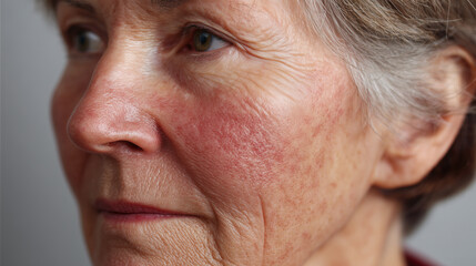 Close up of detailed cheek skin with rosacea papules and visible redness on older person face showing natural wrinkles and texture