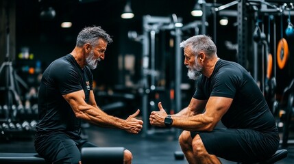 Two older men in a gym, seated, shaking hands, showing support and camaraderie