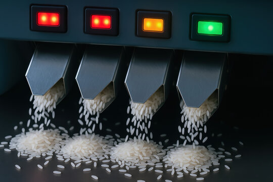 Rice grains flow from metal chutes in rice mill production line with indicator lights above operational status in controlled environment