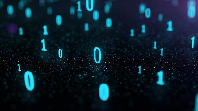 Abstract Binary Code Falling Against Dark Background With Glowing Blue Digits Representing Data and Technology