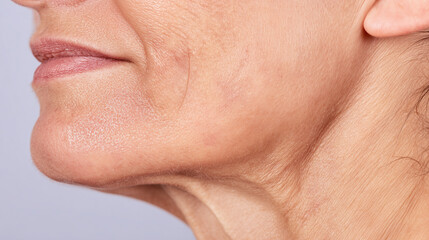Obraz premium Close up of mature skin on lower face and neck showing natural wrinkles and texture with calm expression and soft lighting highlighting skin details