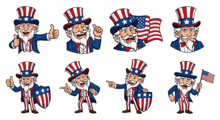 Patriotic cartoon illustration of Uncle Sam for a Fourth of July celebration, featuring the US flag with red, white, and blue stars
