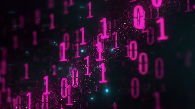 Abstract Binary Code Numbers Displayed In Pink On A Black Background with Blue Glowing Particles