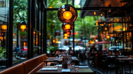 Urban eatery with warm, ambient lighting,  visible city street through large windows, and tables set for diners