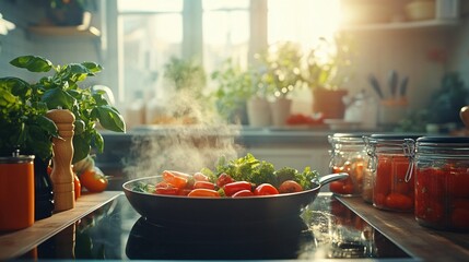 Vegetables steaming in a pan on a kitchen stove. Sunlight streams in through a window