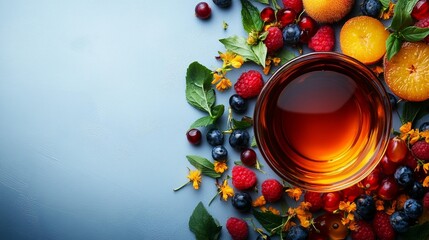 Vibrant array of fresh berries, peaches, and herbs surrounding a cup of tea on a light-gray surface.  Fresh, healthy,  delicious, vibrant, colorful, summery