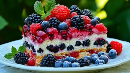 Vibrant berry cake slice, layered with cream cheese frosting and topped with fresh raspberries, blackberries, and blueberries