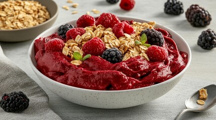 Vibrant berry smoothie bowl topped with granola. Fresh raspberries and blackberries, healthy breakfast