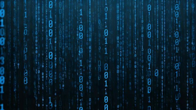 Abstract Blue Binary Code Streaming Downwards on Dark Background Representing Digital Information