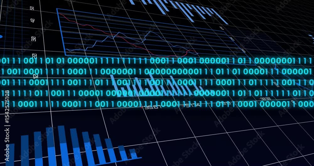 Poster camera panning revealing 3d data view while teal binary digits streaming for live data update