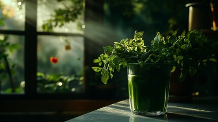 Vibrant green smoothie in a glass, bathed in sunlight streaming through a window.  Fresh herbs and plants