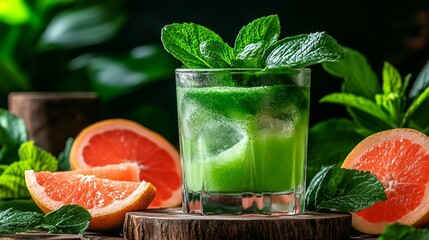 Vibrant green cocktail garnished with fresh mint and grapefruit slices, in a glass filled with ice