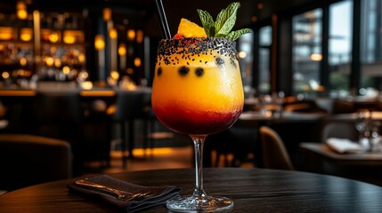 Vibrant layered cocktail in a tall glass, garnished with fruit and herbs, on a dark wooden table in a restaurant