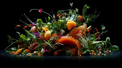 Vibrant medley of fresh produce and seafood, artistically arranged on a dark surface.  A colorful explosion of textures and colors, highlighting a variety of ingredients