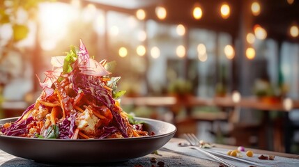 Vibrant, piled salad with shredded red cabbage, carrots, and greens, served outdoors