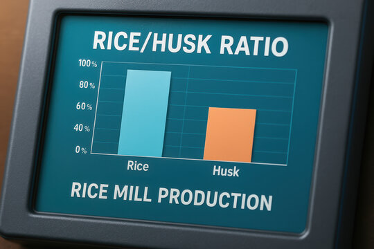 Rice mill production chart displays rice husk ratio with rice percentage higher than husk in production process