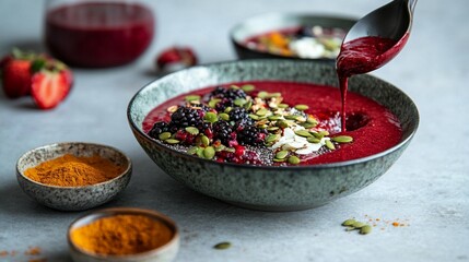 Vibrant smoothie bowl topped with berries, seeds, and yogurt.  A healthy and colorful breakfast or snack