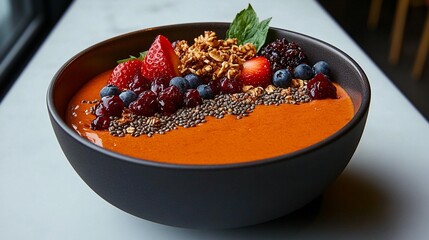 Vibrant smoothie bowl with fresh berries, granola, and seeds