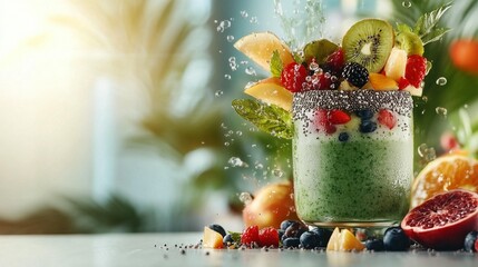 Vibrant smoothie overflowing with fresh fruit and chia seeds, splashing with water droplets.  A healthy, colorful drink