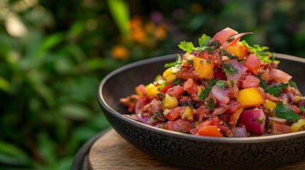 Vibrant tomato and mango salsa in a dark bowl, garnished with fresh herbs