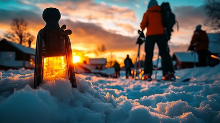 Warm light of a lantern in snowy village at sunset, as skiers pass by