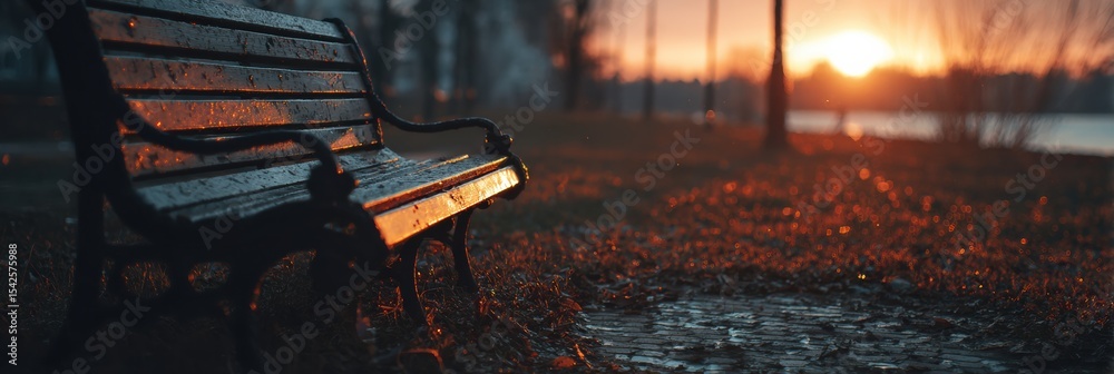 Poster empty bench bathed in warm sunset light evokes a bittersweet emotion in a serene park setting
