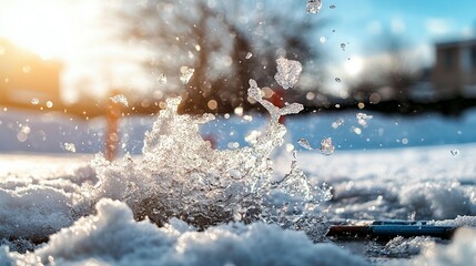 Water splashing on snow in sunlight.  A frozen scene with crystal clear water droplets and snowflakes