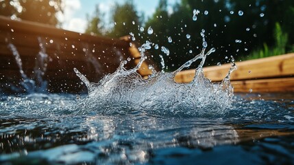 Water splashing in a body of water near wooden structures.  Close-up view of water droplets and ripples