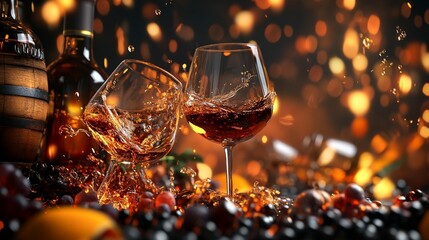 Wine glasses clinking, wine splash, vibrant colors, festive scene, dark background, warm lighting