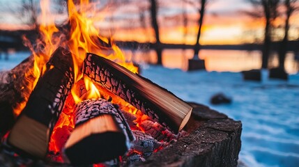 Winter campfire at sunset over snow and water.  Flames dance over logs in a stone fire pit