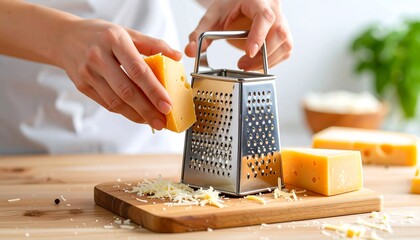 A person grates a block of cheese with a metal grater onto a wooden cutting board, preparing ingredients in the kitchen