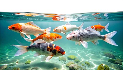 A school of colorful koi fish swims underwater in a sunlit pond, with a split view of the surface