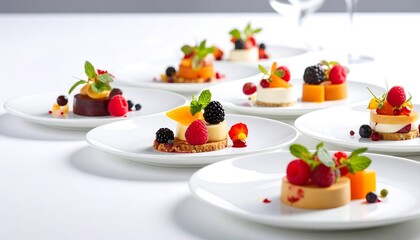 A selection of elegant, individual desserts garnished with fresh fruit, beautifully arranged on white plates
