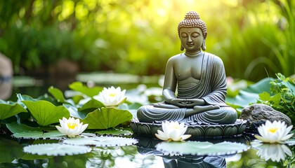 A serene Buddha statue meditates in a lotus pose among white water lilies in a tranquil garden pond with a soft, sunny glow