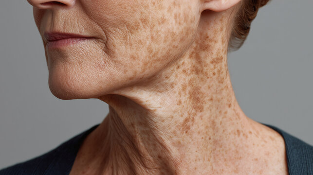 Sun damaged skin on neck and lower face of elderly person showing age spots and wrinkles with natural skin texture and signs of aging in closeup view